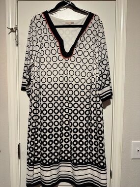 Signature Black and White Midi Dress with Red Trim